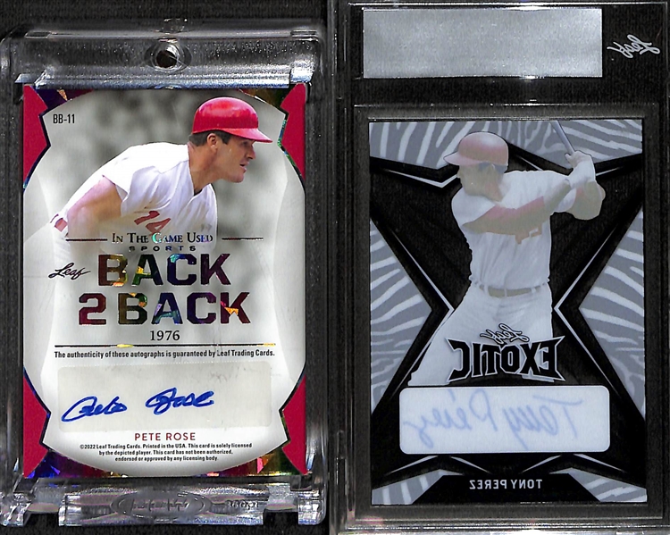 2022 Leaf In The Game Johnny Bench/Pete Rose Back 2 Back Dual Autograph #d 1/6 and 2022 Leaf Exotic Tony Perez Clear Zebra Autograph 1/1